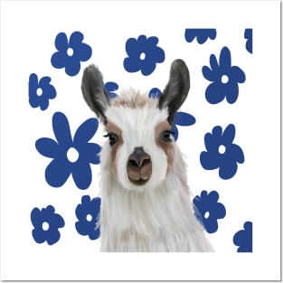 Llama | Blue Retro Flowers | Llama Lovers Gift Posters and Art